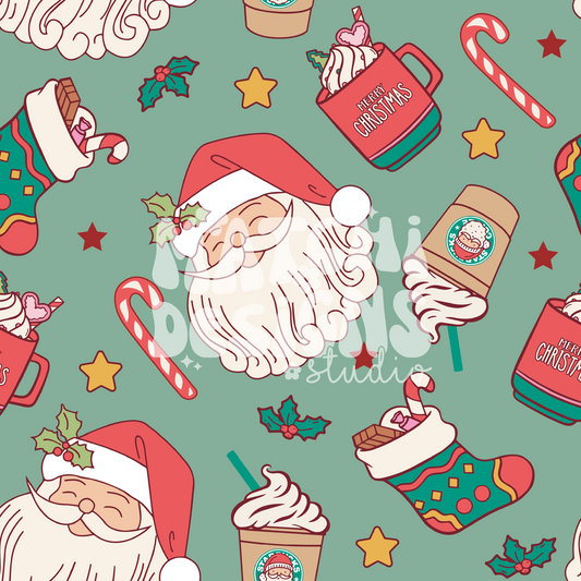 Christmas Santa Doodles Seamless Pattern, Green Xmas Pattern for Fabric Sublimation