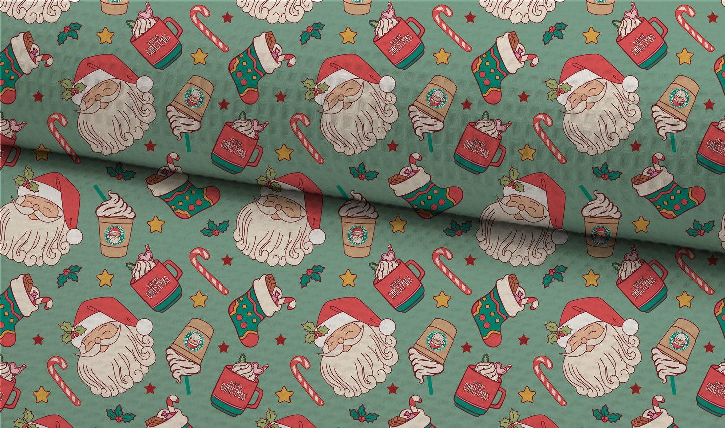 Christmas Santa Doodles Seamless Pattern, Green Xmas Pattern for Fabric Sublimation