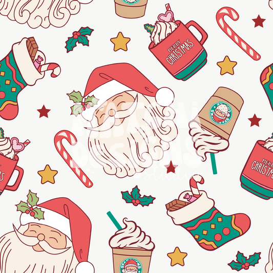 Christmas Santa Doodles Seamless Pattern, Retro Xmas Pattern for Fabric Sublimation