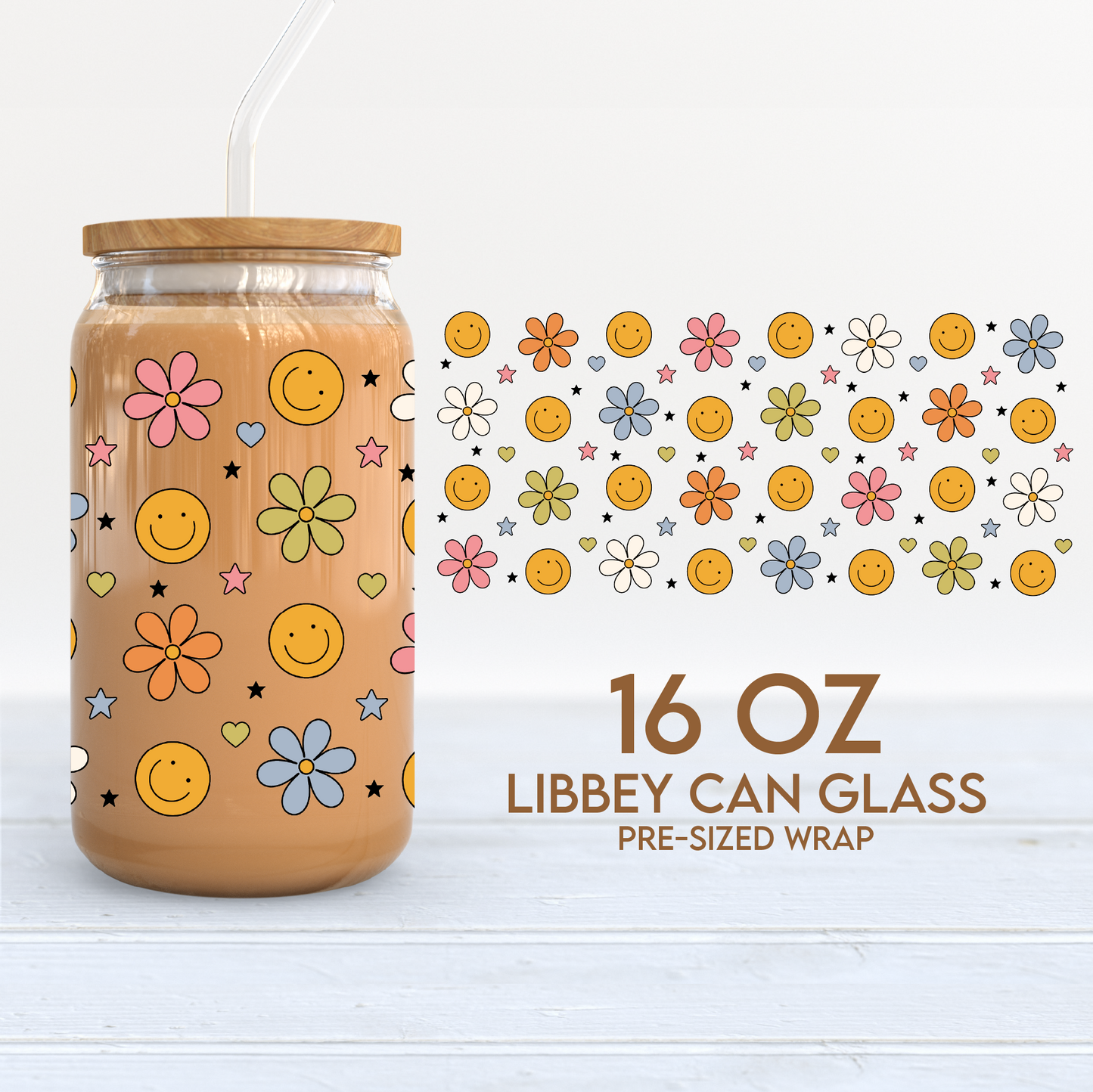 Smiles and Flowers Cup Wrap | Happy Face 16oz Libbey Can Glass | Trendy PNG SVG