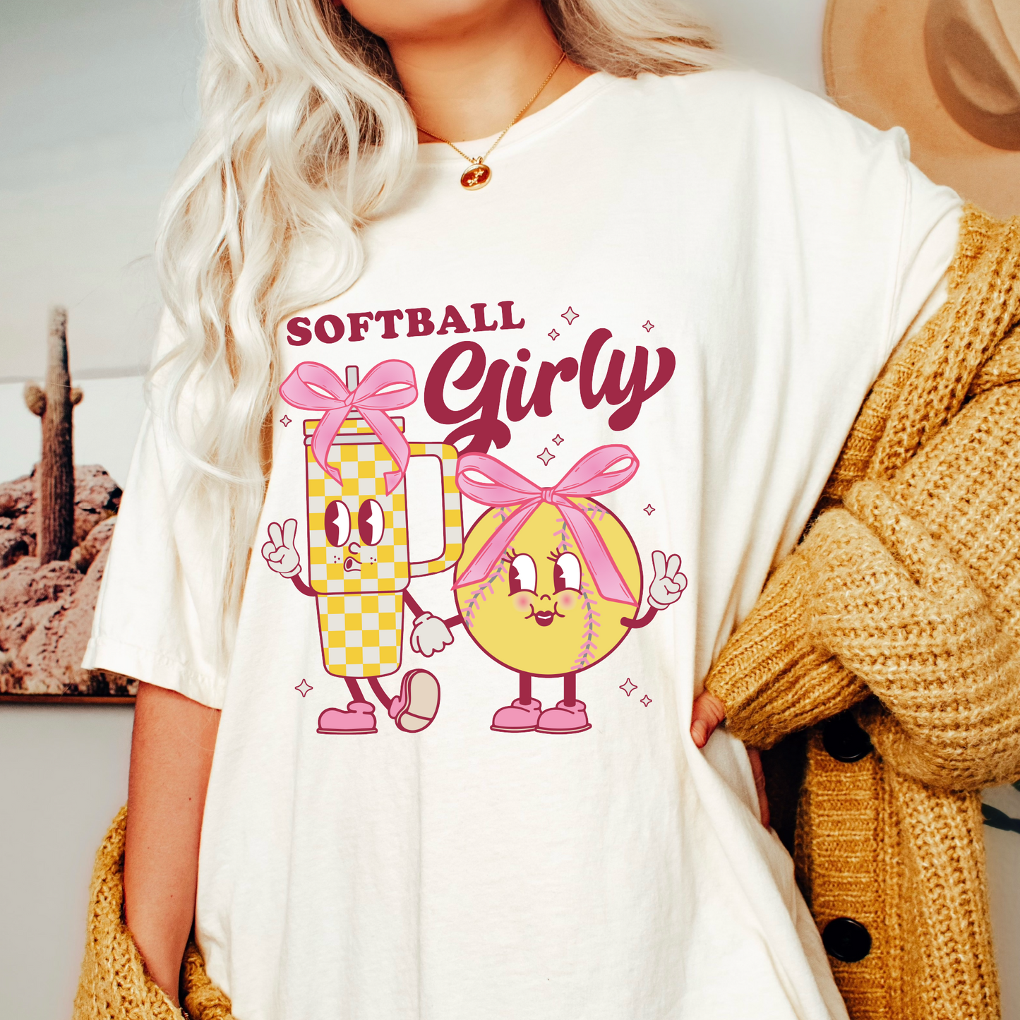 Softball Girly SVG PNG | Coquette Softball Character Sublimation | Pink Bow T shirt Design