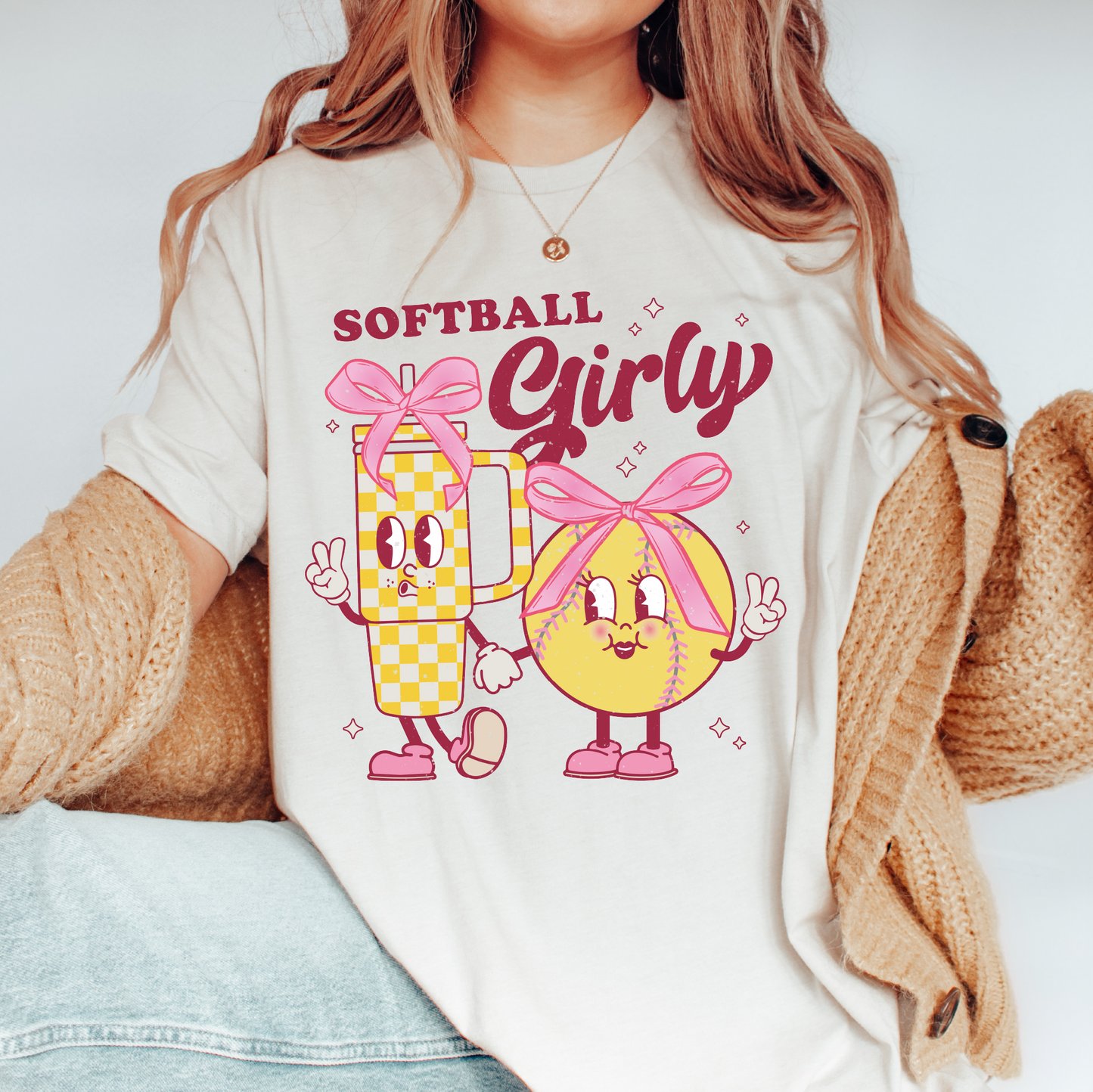 Softball Girly SVG PNG | Coquette Softball Character Sublimation | Pink Bow T shirt Design