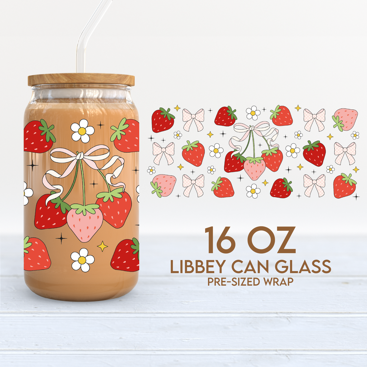 Strawberries & Bows Cup Wrap | Summer 16oz Libbey Can Glass | Trendy PNG SVG