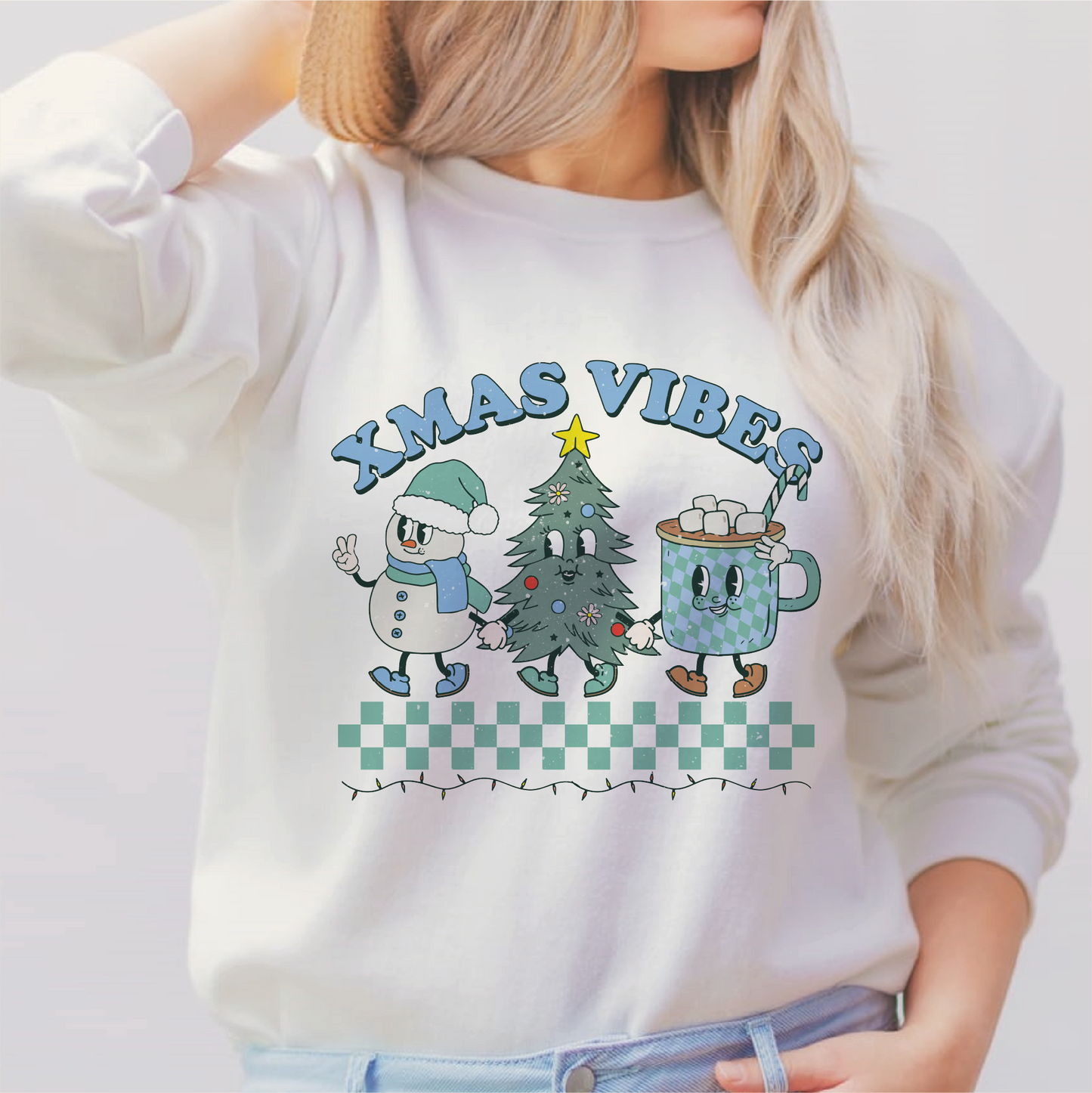 Xmas Vibes Blue PNG | Retro Christmas Tree Sublimation | Retro Characters T shirt Design