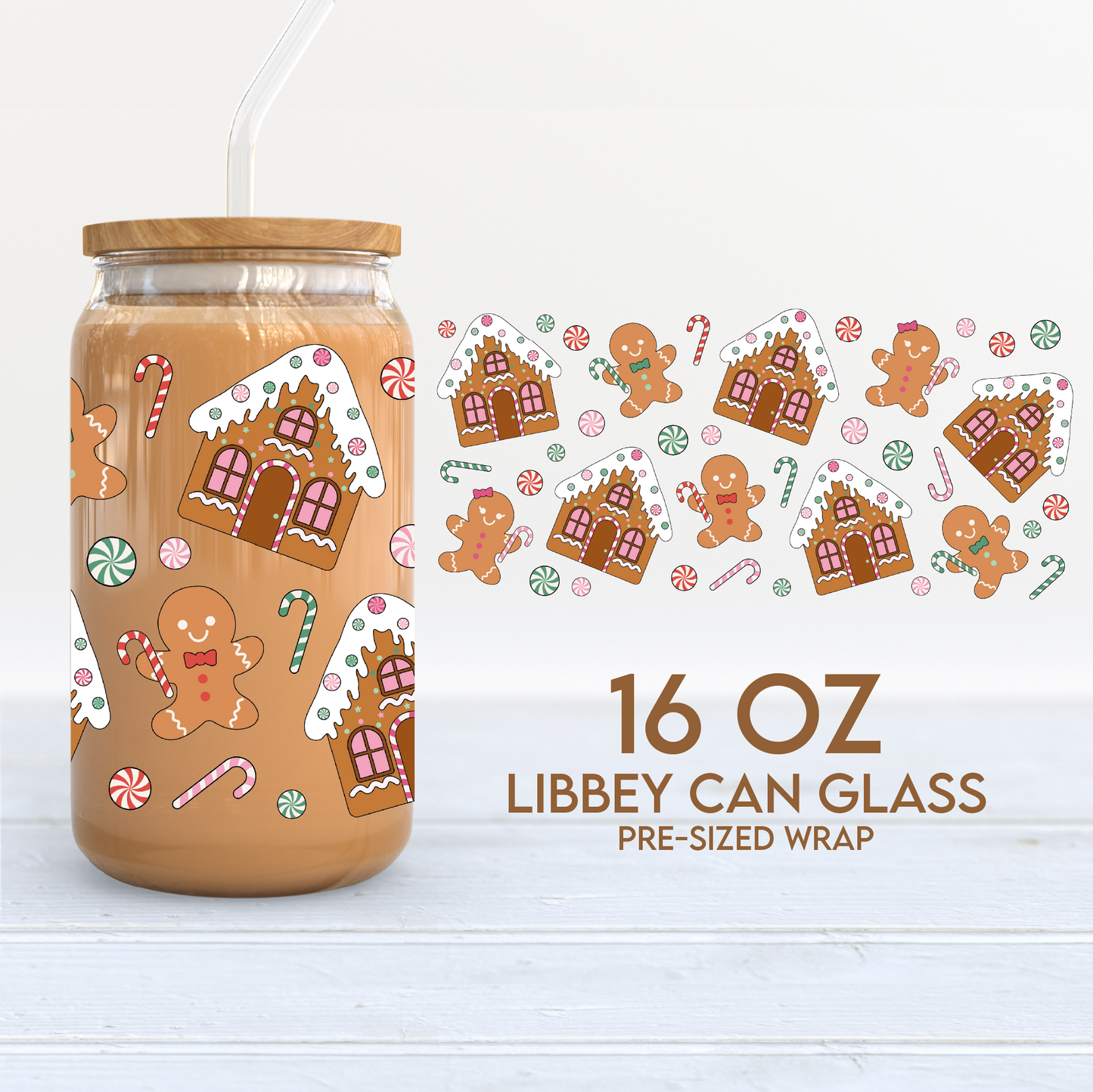 Gingerbread House Cup Wrap | Christmas Cookies 16oz Libbey Can Glass | PNG SVG
