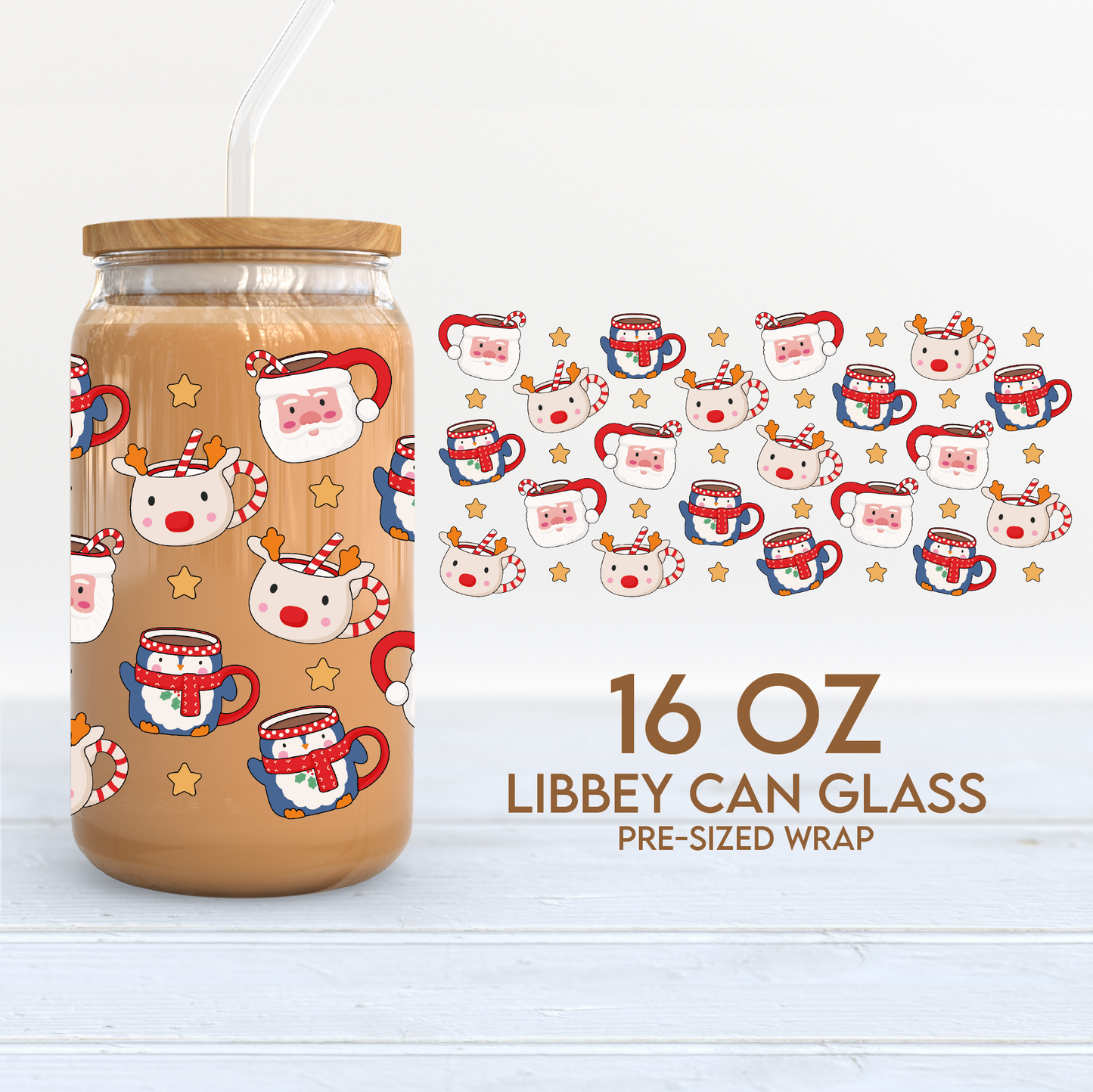 Christmas Mugs Cup Wrap | Christmas 16oz Libbey Can Glass | Santa Mug PNG SVG