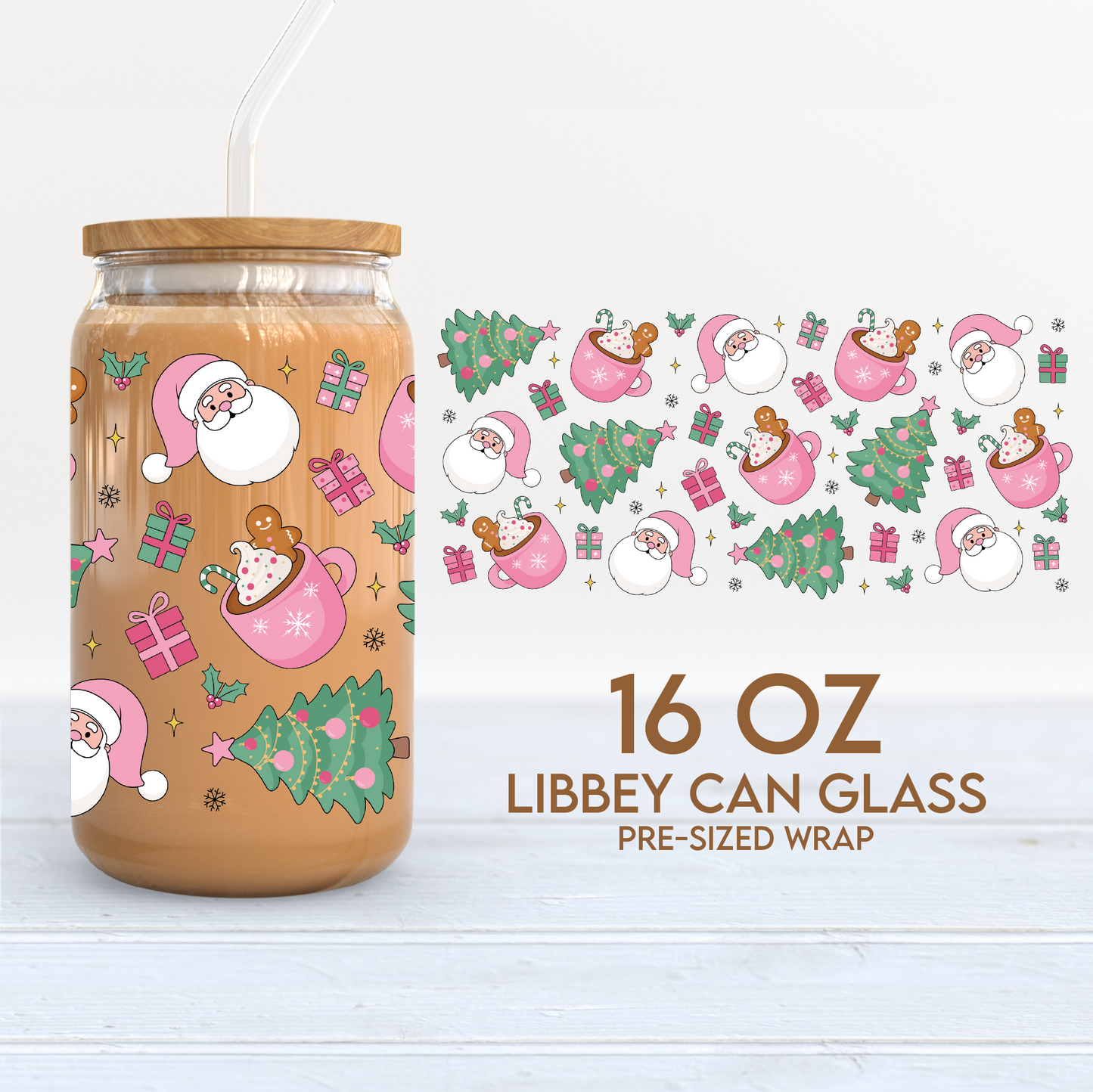 Christmas Things Cup Wrap | Pink Christmas 16oz Libbey Can Glass | Santa PNG SVG