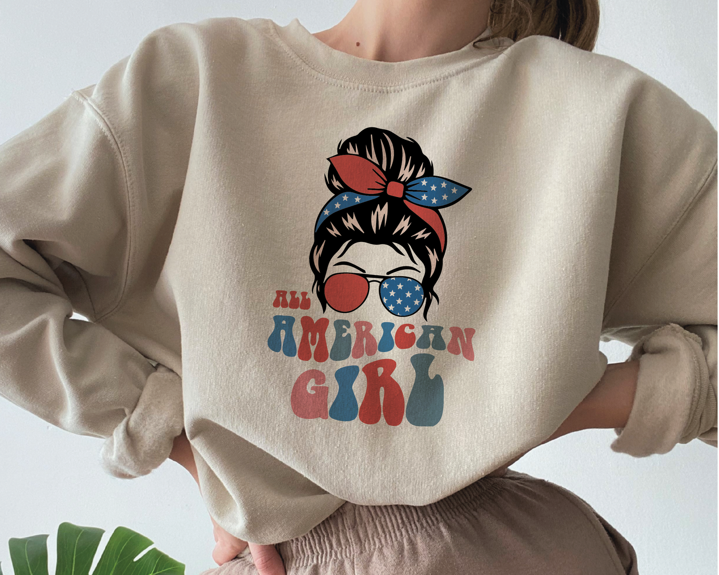 All American Girl SVG PNG | Messy Bun Sublimation | Fourth of July | Retro Vintage T shirt Design