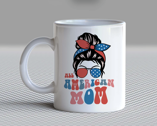 All American Mom SVG PNG | Messy Bun Sublimation | Fourth of July | Retro Vintage T shirt Design
