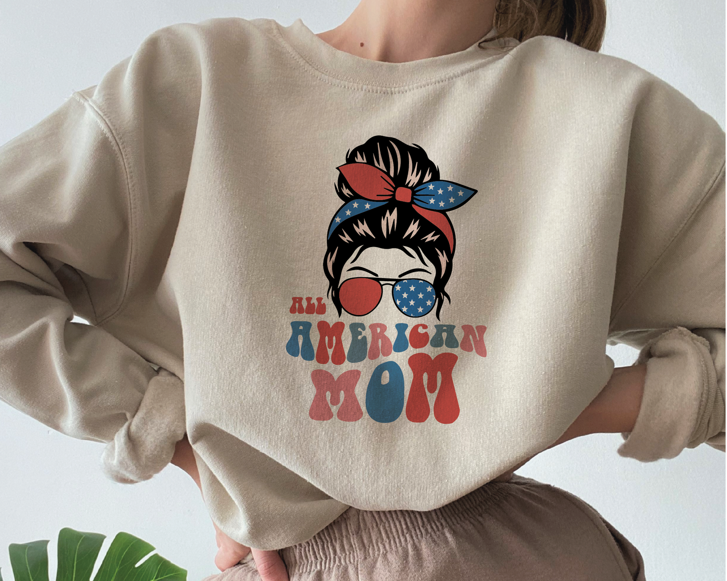 All American Mom SVG PNG | Messy Bun Sublimation | Fourth of July | Retro Vintage T shirt Design