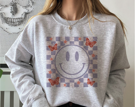 Checkered Pattern Smile Face SVG PNG | Butterfly Sublimation | Inspirational | Retro Vintage T shirt Design