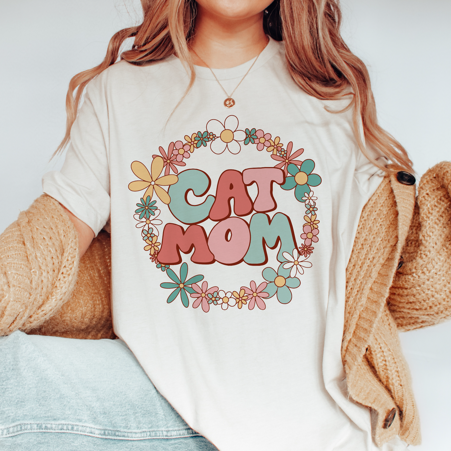 Cat Mom SVG PNG | Floral Cat Mom Sublimation | Retro Groovy T shirt Design
