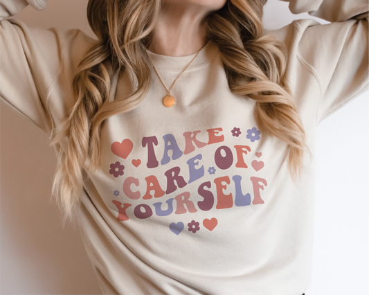Take Care Of Yourself SVG PNG | Retro Flower Sublimation | Inspirational | Retro Vintage T shirt Design
