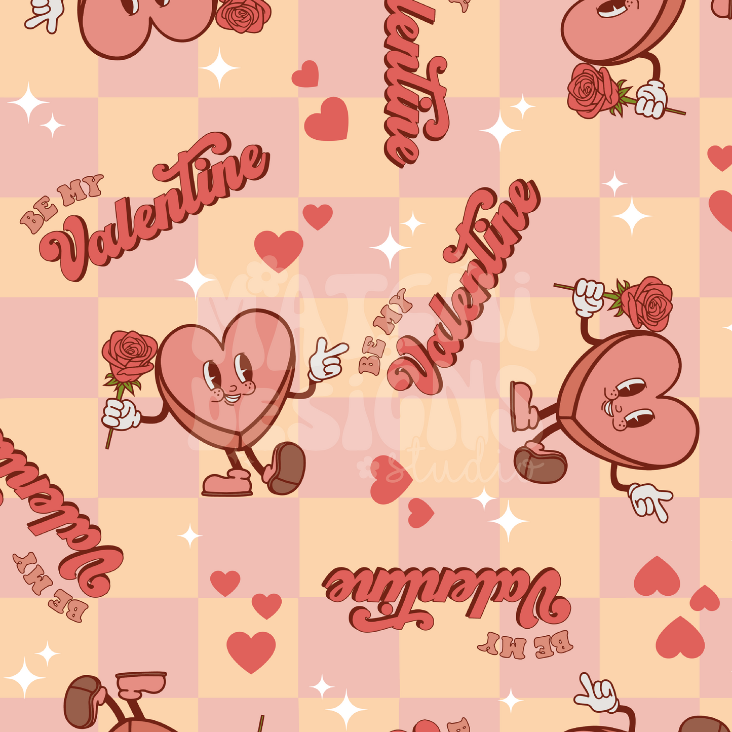 Valentines Seamless Pattern, Groovy Heart Be My Valentine, Repeat Pattern for Fabric Sublimation