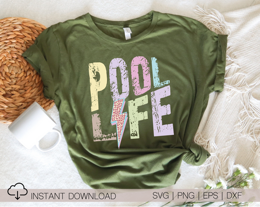 Pool Life SVG PNG | Distressed font Sublimation | Leopard Lightning Bolt | Summer T shirt Design