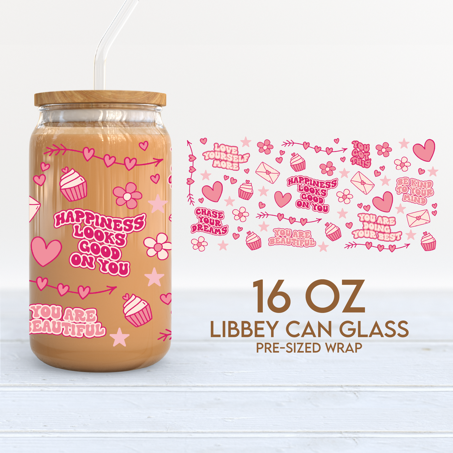 Daily Positive Affirmations Cup Wrap | 16oz Libbey Can Glass | Retro PNG SVG