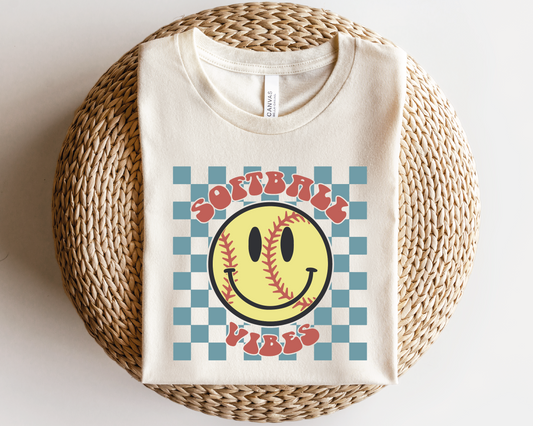 Softball Vibes SVG PNG | Checkered Smile Face Sublimation | Softball T shirt Design