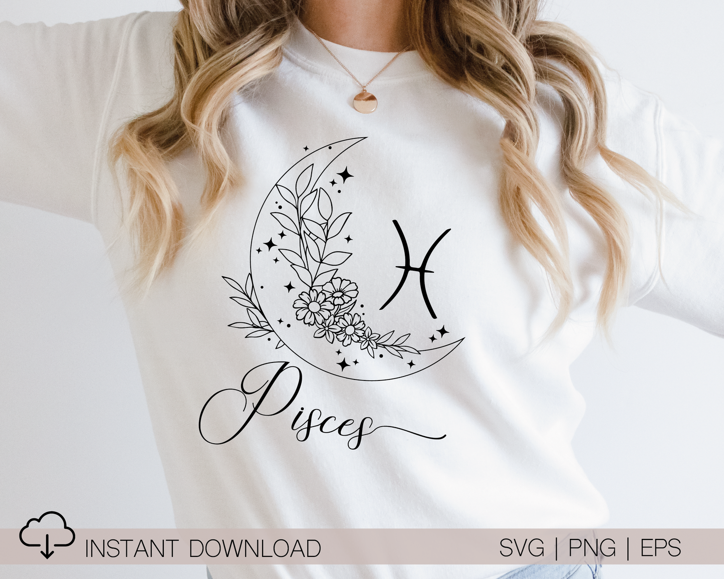 Pisces SVG PNG | Zodiac | Pisces Girl Woman | Floral Moon | T shirt Design Cut file