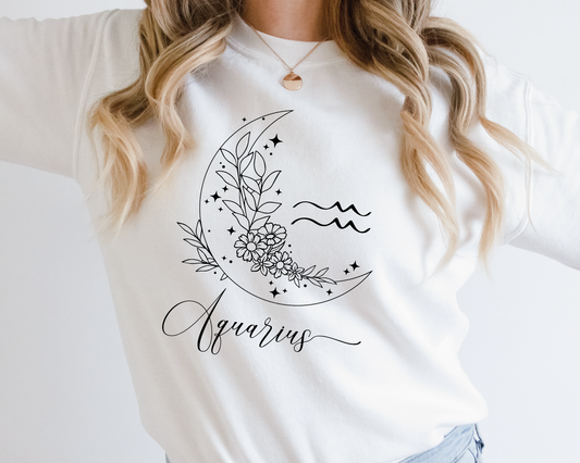 Aquarius SVG PNG | Zodiac | Aquarius Girl Woman | Floral Moon | T shirt Design Cut file