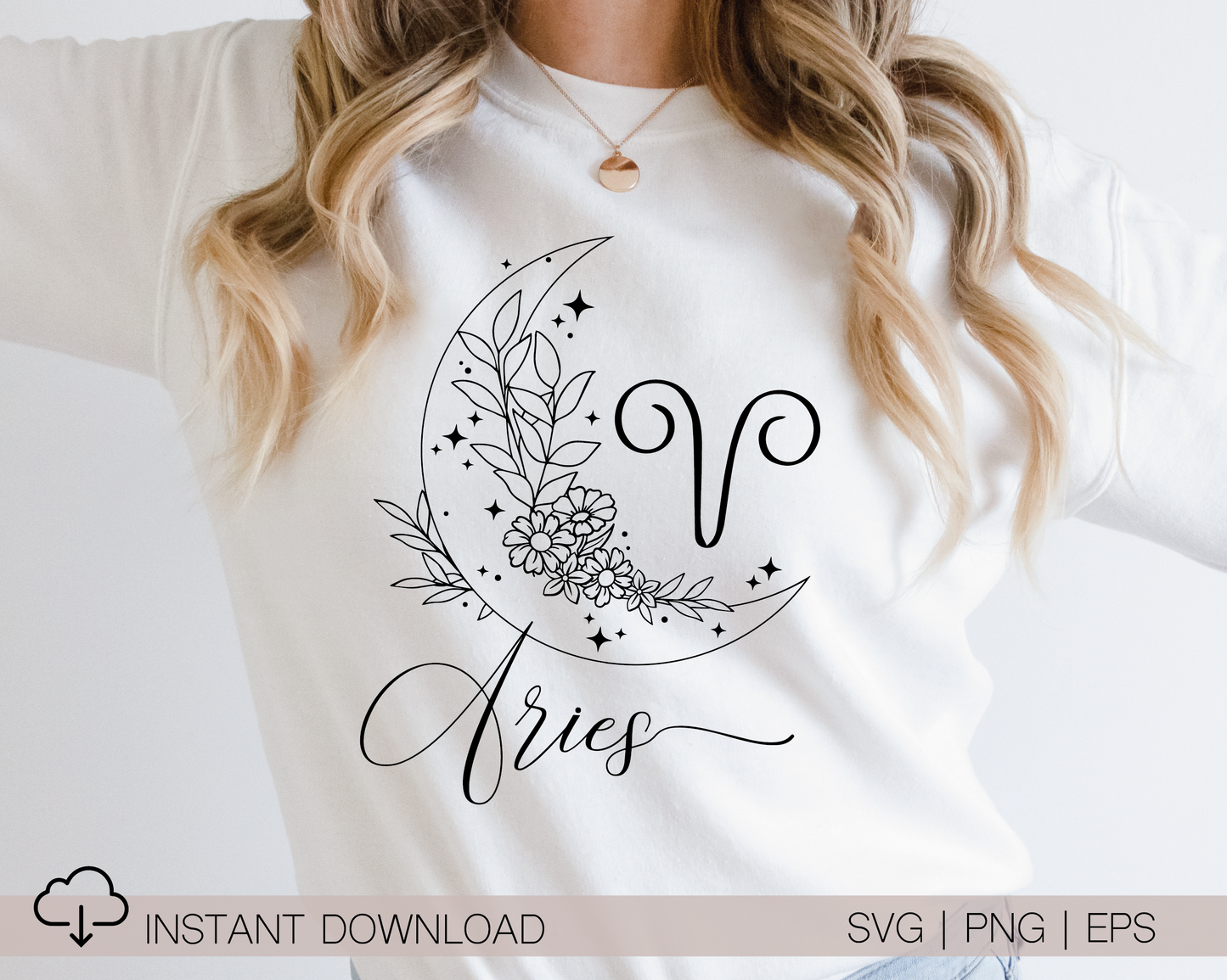 Aries SVG PNG | Zodiac | Aries Girl Woman | Floral Moon | T shirt Design Cut file