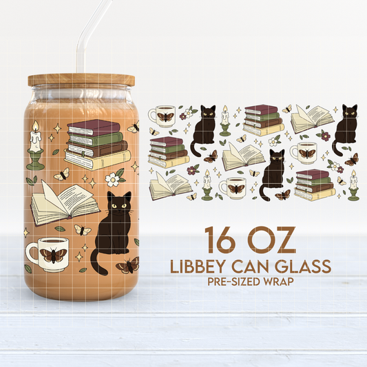 Cats & Books | Dark Academia 16oz Cup Wrap PNG SVG