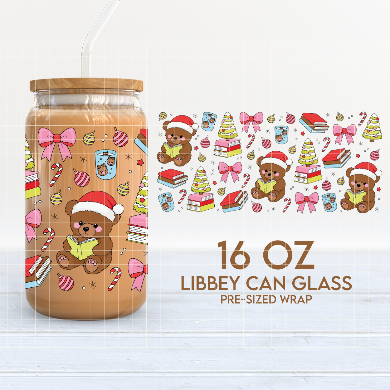 Bookmas Teddy | Bookish Xmas 16oz Cup Wrap PNG SVG