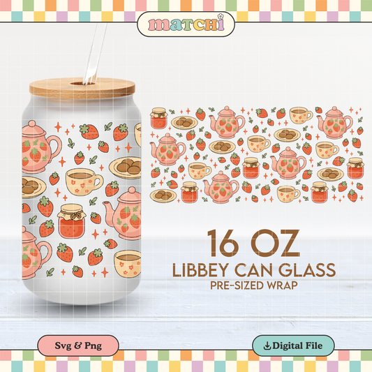 Strawberry Tea Time | Cottagecore 16oz Cup Wrap PNG SVG
