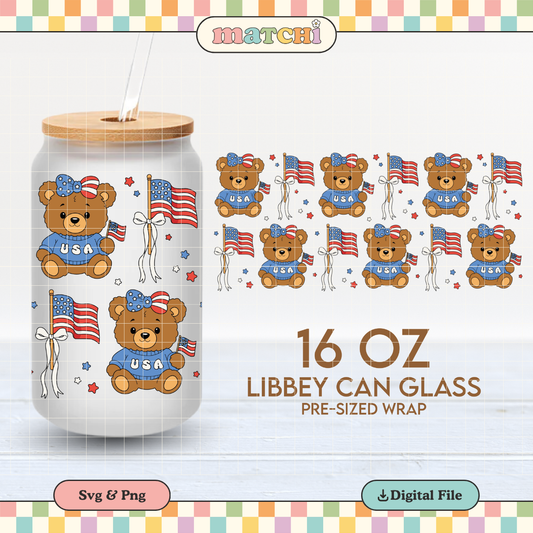 Patriotic Teddy Bear | 4th of July 16oz Cup Wrap PNG SVG