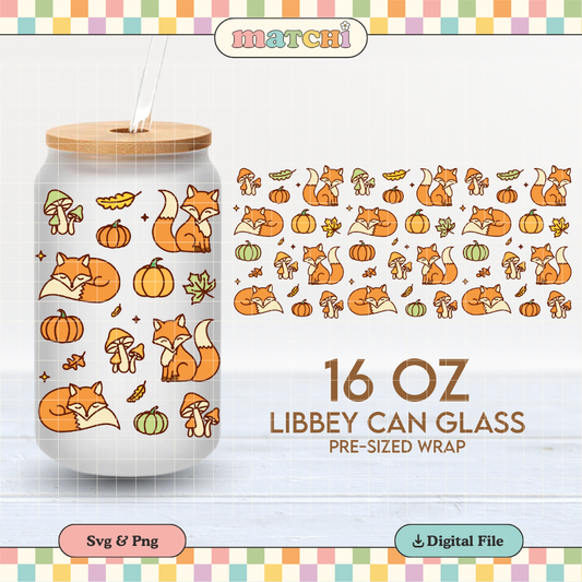 Fox and Pumpkins Cup Wrap | Autumn Doodles 16oz Libbey Can Glass | Fall PNG SVG