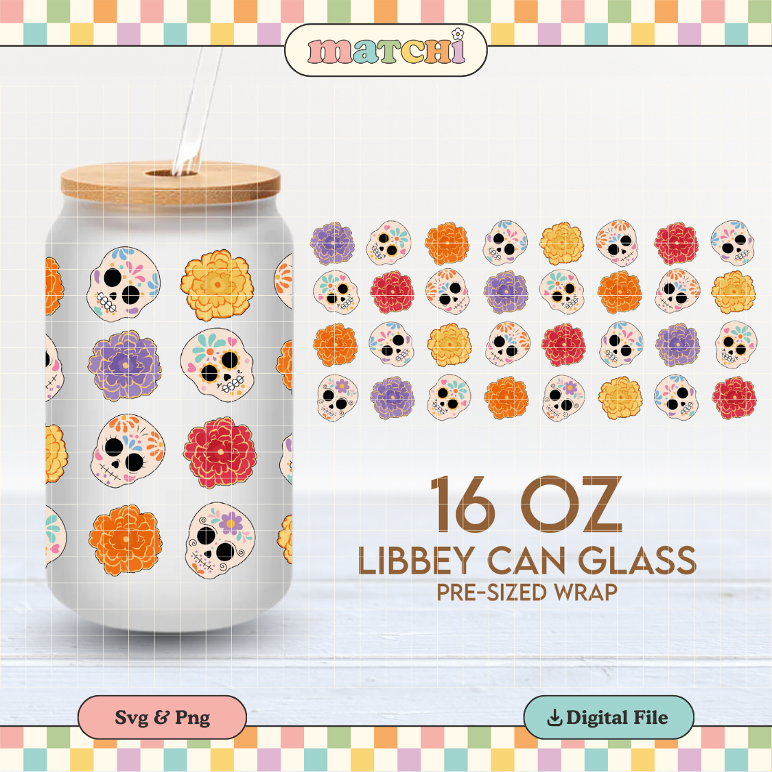 Calaveritas Y Marigolds Cup Wrap | Dia de Muertos 16oz Libbey Can Glass PNG SVG