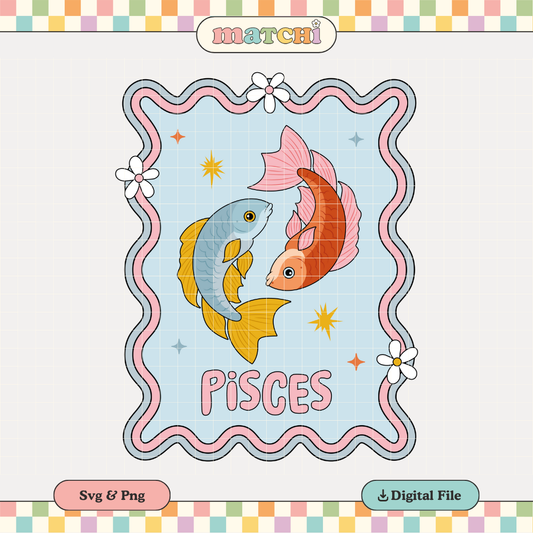 Pisces Decal PNG SVG | Zodiac Pisces Girl Sublimation | Retro Groovy Tshirt Design