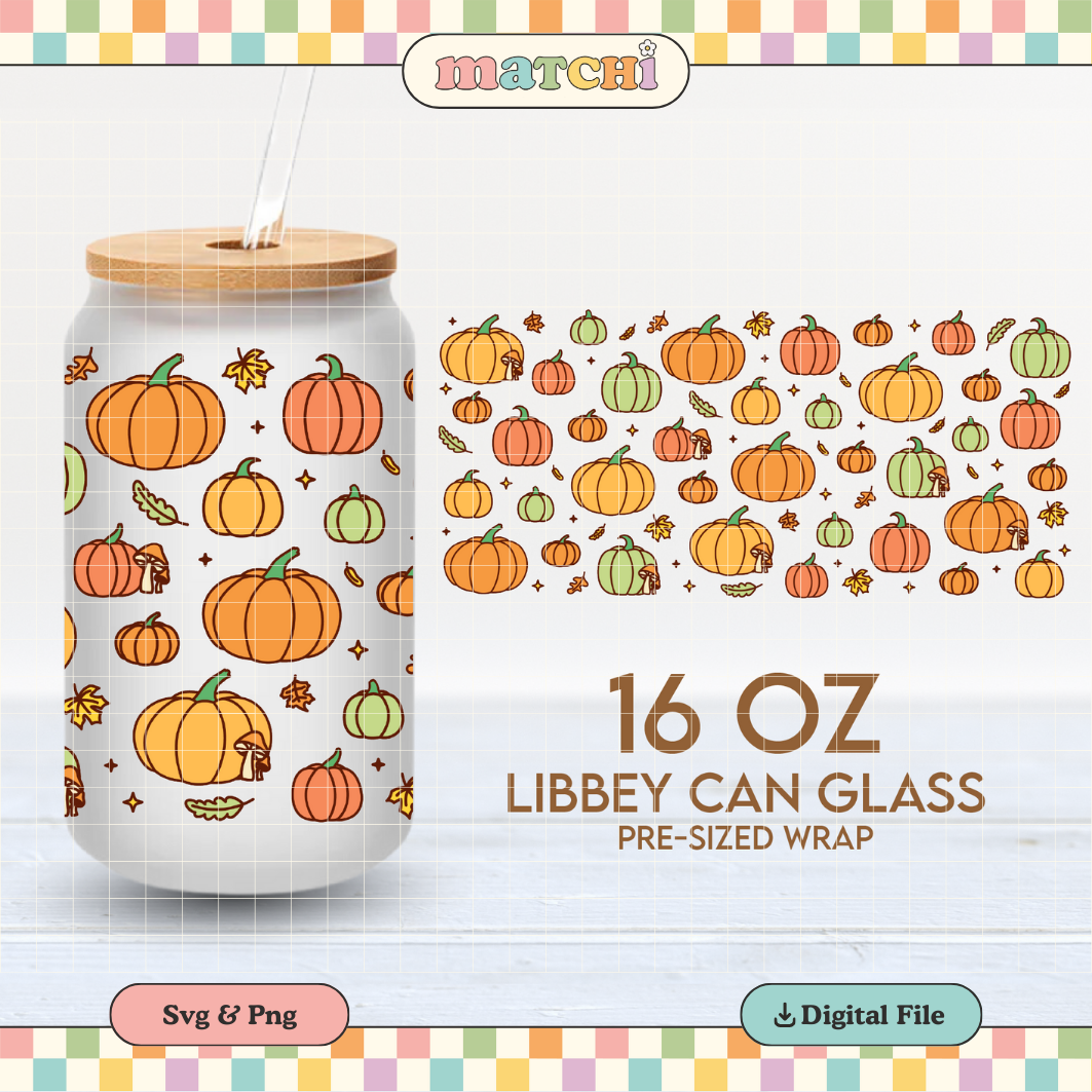 Fall Pumpkins Cup Wrap | Autumn 16oz Libbey Can Glass | Pumpkin Patch PNG SVG