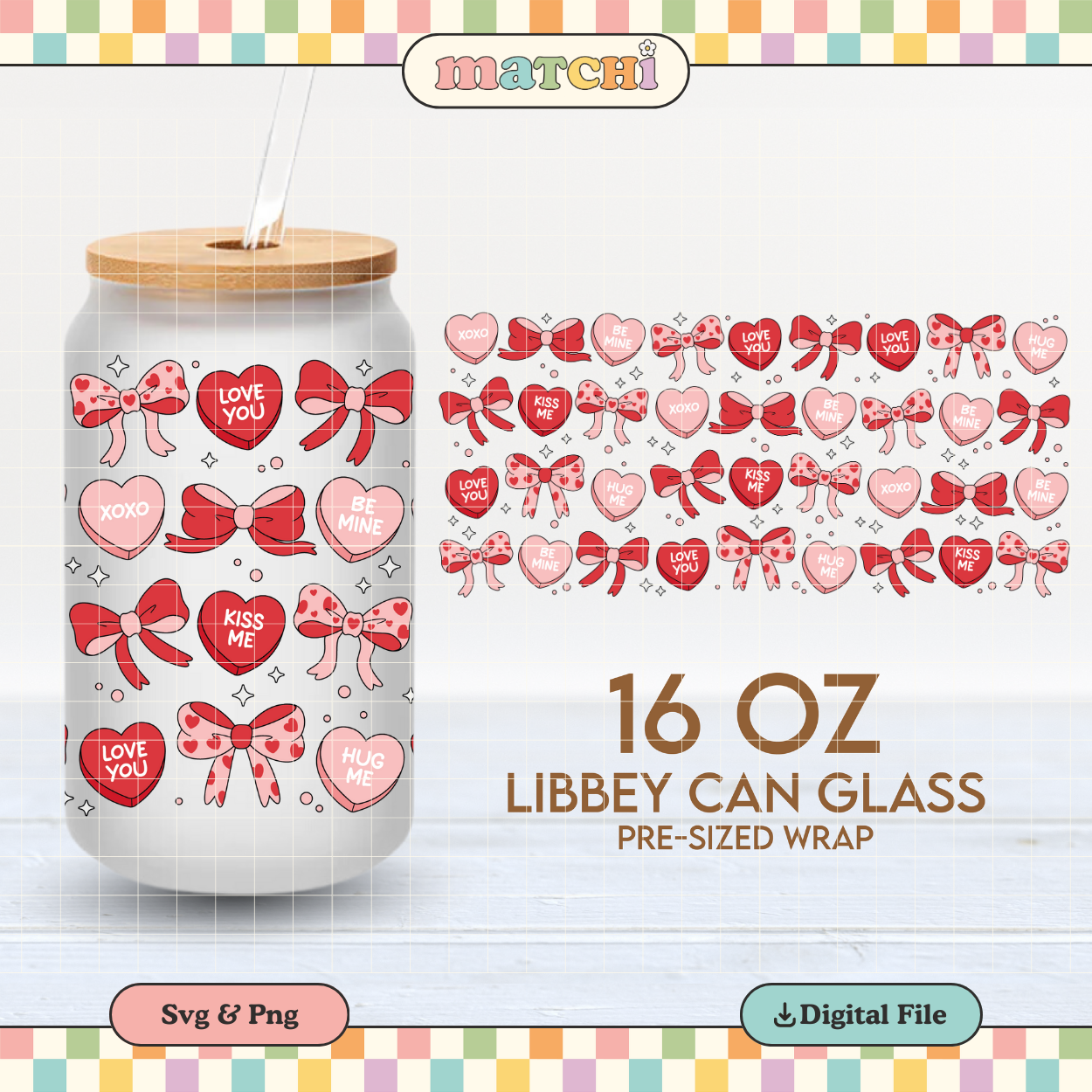 Hearts & Bows | Valentine's 16oz Cup Wrap PNG SVG