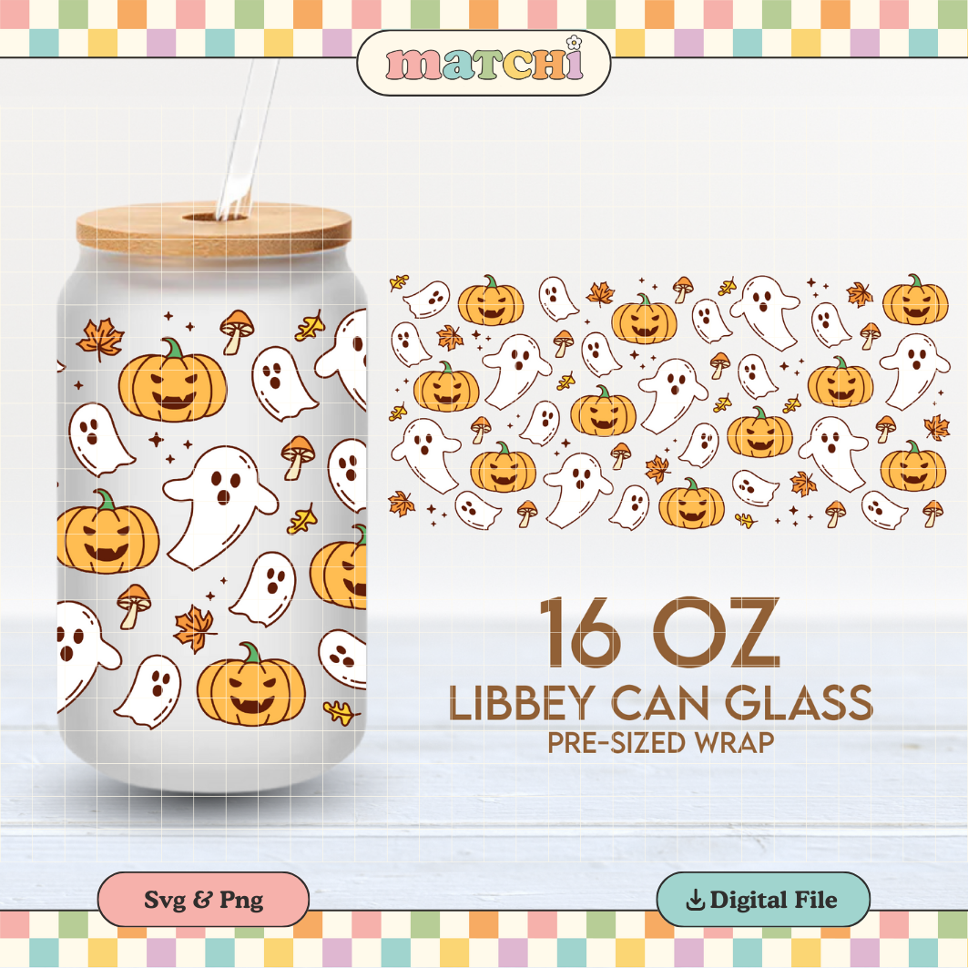 Ghosts & Spooky Pumpkins Cup Wrap | Halloween 16oz Libbey Can Glass | Fall PNG SVG