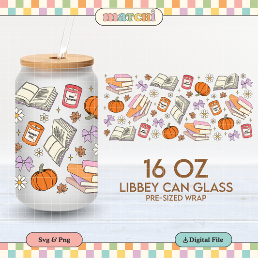 Fall Bookish Cup Wrap | Fall Autumn 16oz Libbey Can Glass | Book Lover PNG SVG