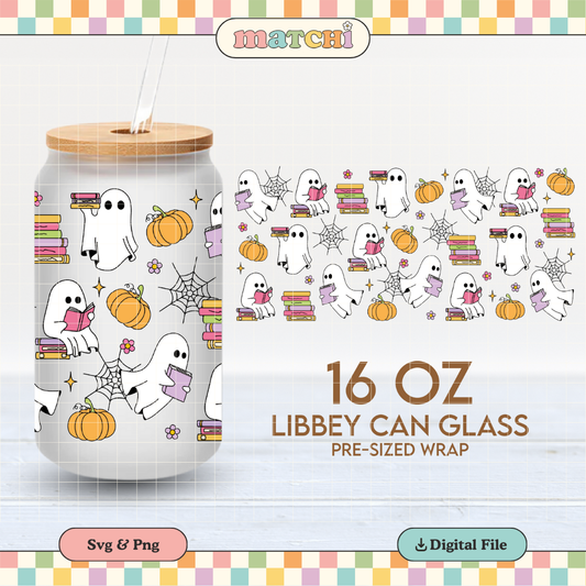 Bookish Ghosts Cup Wrap | Halloween 16oz Libbey Can Glass | Cute Spooky PNG SVG