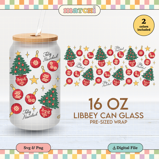 Mexican Christmas Tree Cup Wrap | Navidad 16oz Libbey Can Glass | Ornaments PNG SVG