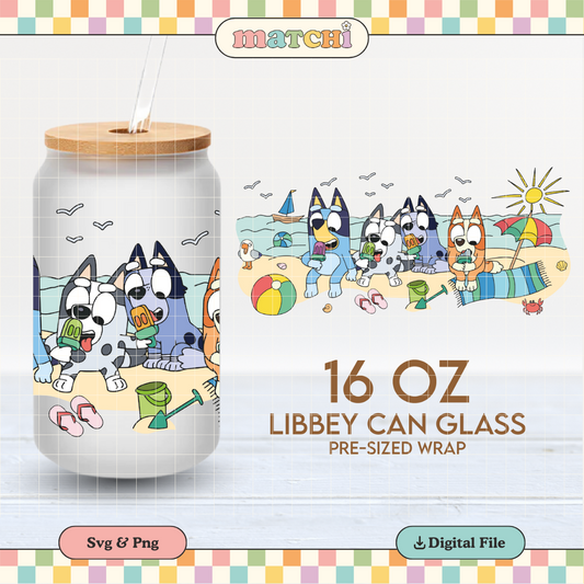 Bluey Summer Cup Wrap | Starbucks 16oz Libbey Can Glass | Beach Vibes PNG SVG
