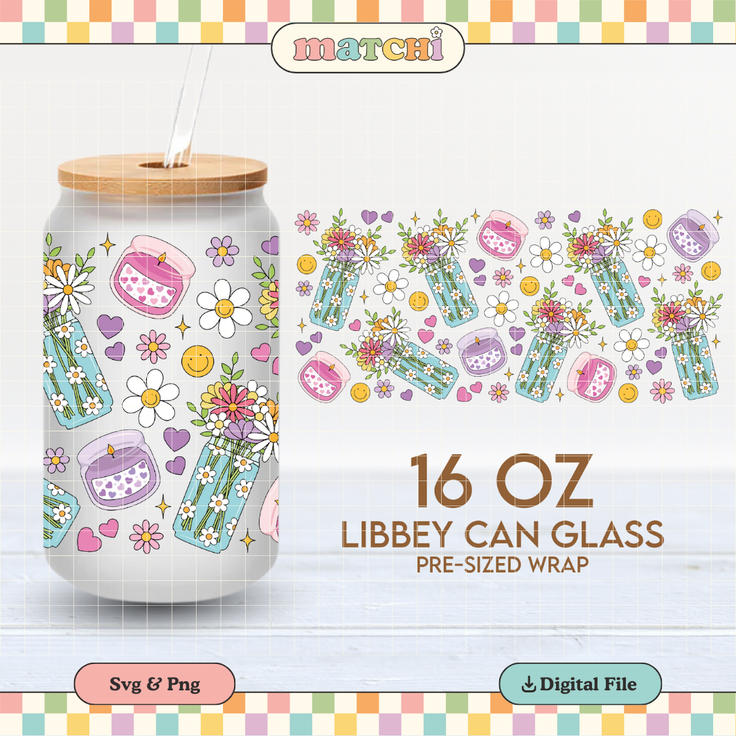 Flower Vase & Candles Cup Wrap | Cute Flowers 16oz Libbey Can Glass | Trendy PNG