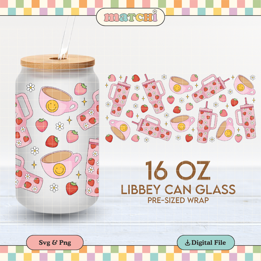 Pink Girly Drinks Cup Wrap | Coffee & Strawberries 16oz Libbey Can Glass PNG SVG