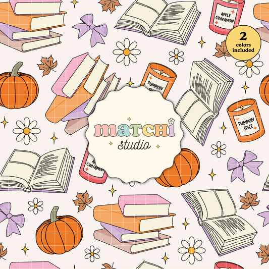 Fall Bookish Seamless Pattern, Fall Autumn Books Repeat Pattern for Fabric Sublimation