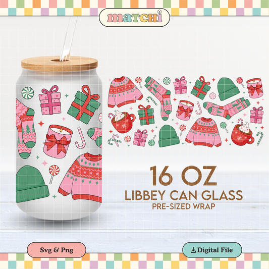 Christmas Girl Cup Wrap | Christmas Sweater 16oz Libbey Can Glass | Xmas PNG SVG