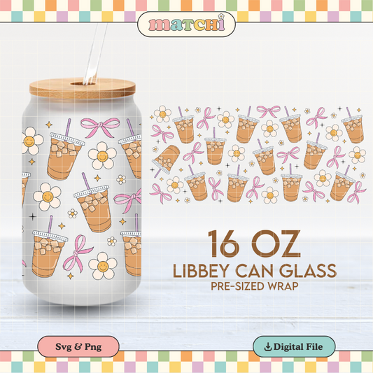 Iced Coffee Cup Wrap | Girly Coffee Lover 16oz Libbey Can Glass | Trendy PNG SVG
