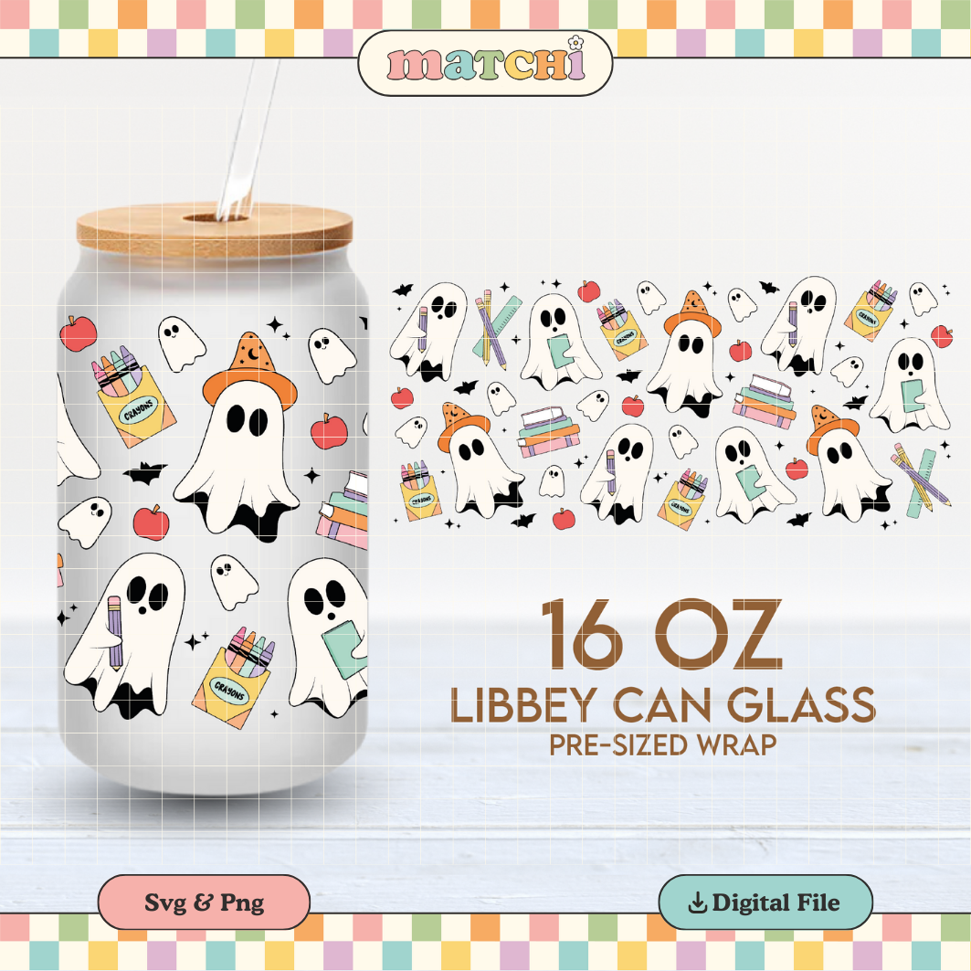 Spooky Back to School Cup Wrap | Teacher 16oz Libbey Can Glass | Ghosts PNG SVG