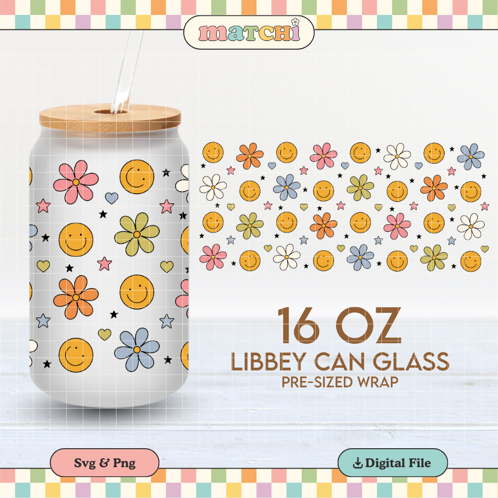Smiles and Flowers Cup Wrap | Happy Face 16oz Libbey Can Glass | Trendy PNG SVG