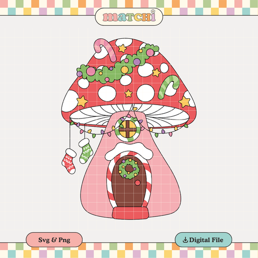 Christmas Mushroom House PNG SVG | Groovy Christmas Sublimation | Tshirt Design