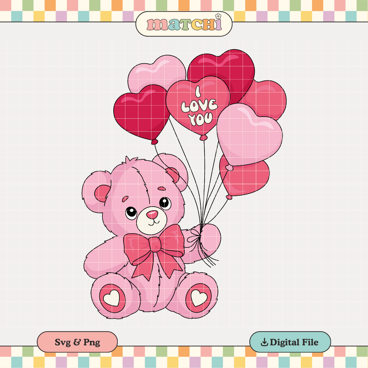 Pink Bear & Ballons PNG SVG | Coquette Valentines Sublimation | Tshirt Design