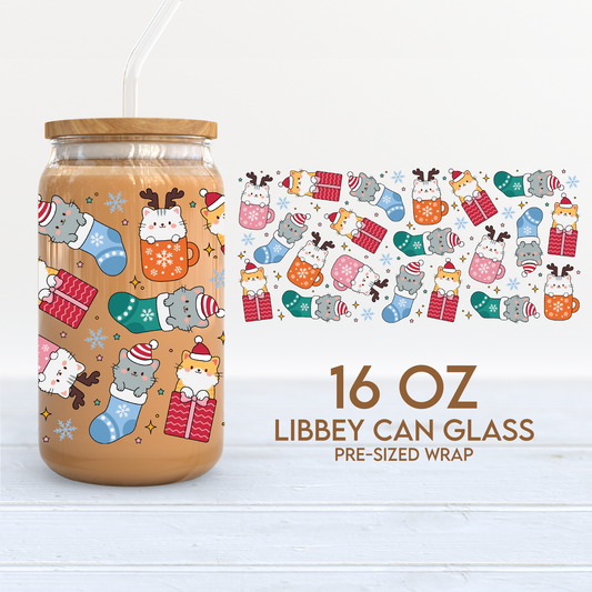 Christmas Cute Cats Cup Wrap | Xmas Pets 16oz Libbey Can Glass | Christmas PNG SVG