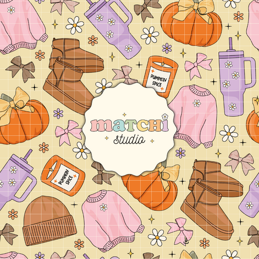 Cozy Girl Fall Seamless Pattern, Fall Autumn Basics Repeat Pattern for Fabric Sublimation