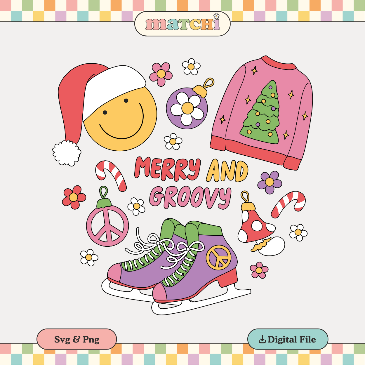 Merry and Groovy PNG SVG | Groovy Christmas Sublimation | Ice Skates Tshirt Design